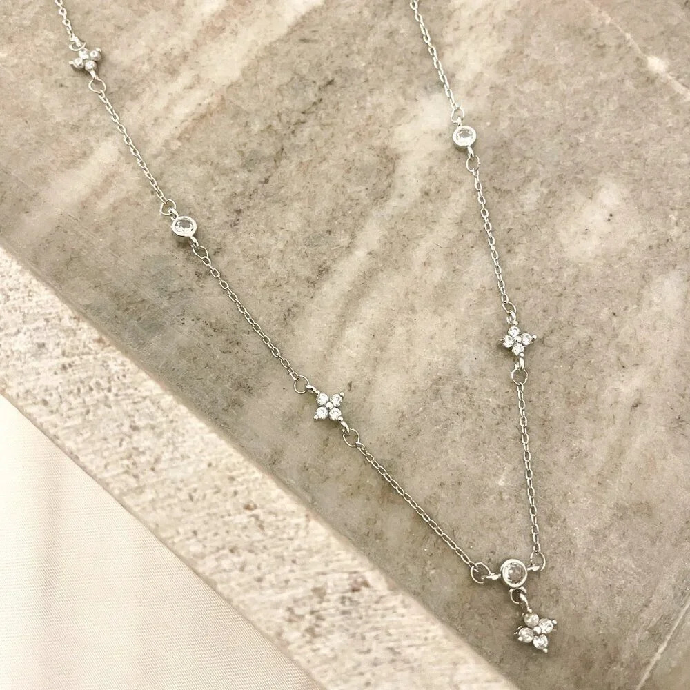 925 Sterling Silver Dainty Flower Crystal Necklace Delicate Minimalist Necklace